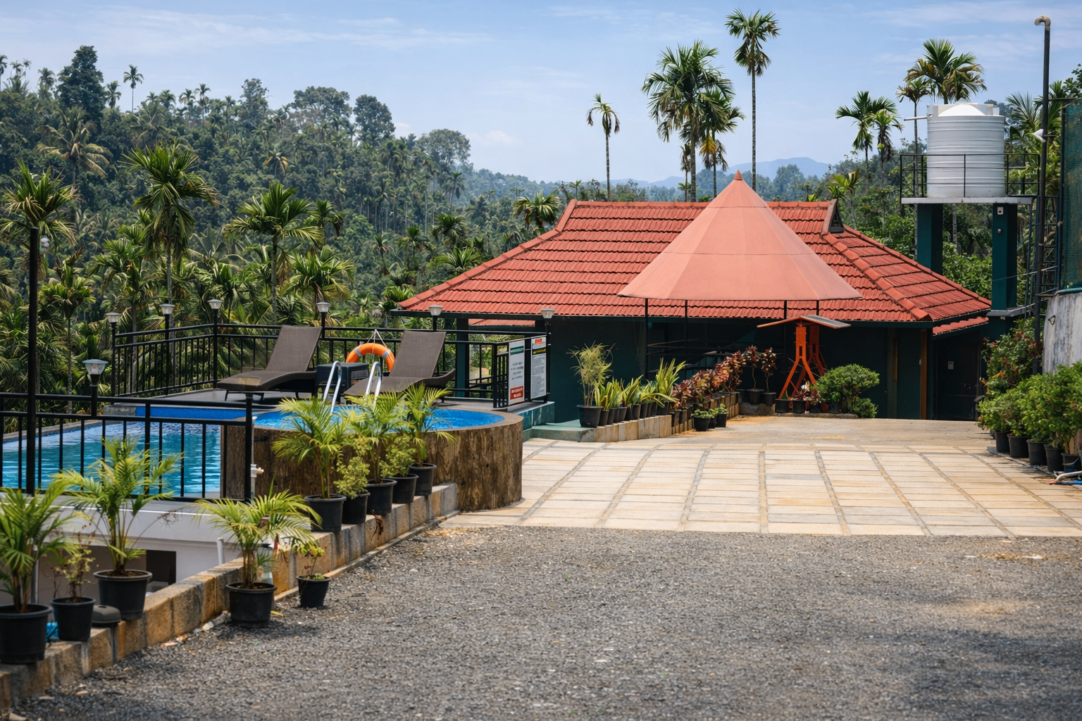 Poolside Kerala-style villa with hill and palm views at WayLife