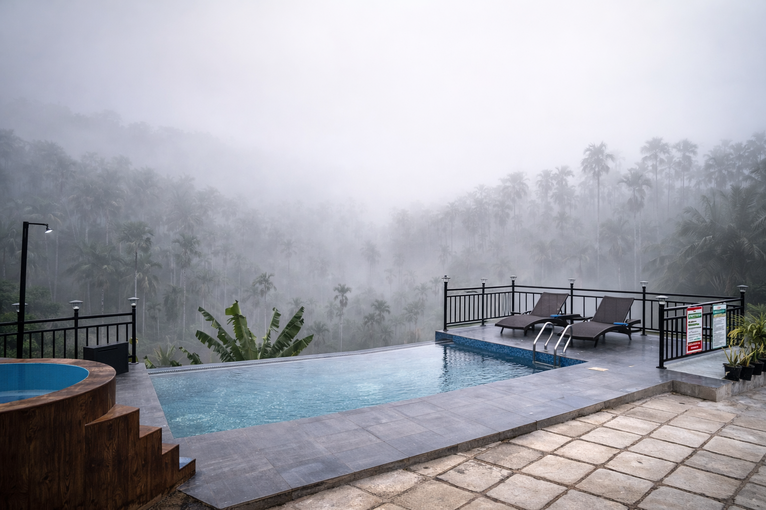 Misty infinity pool overlooking palm forest at WayLife